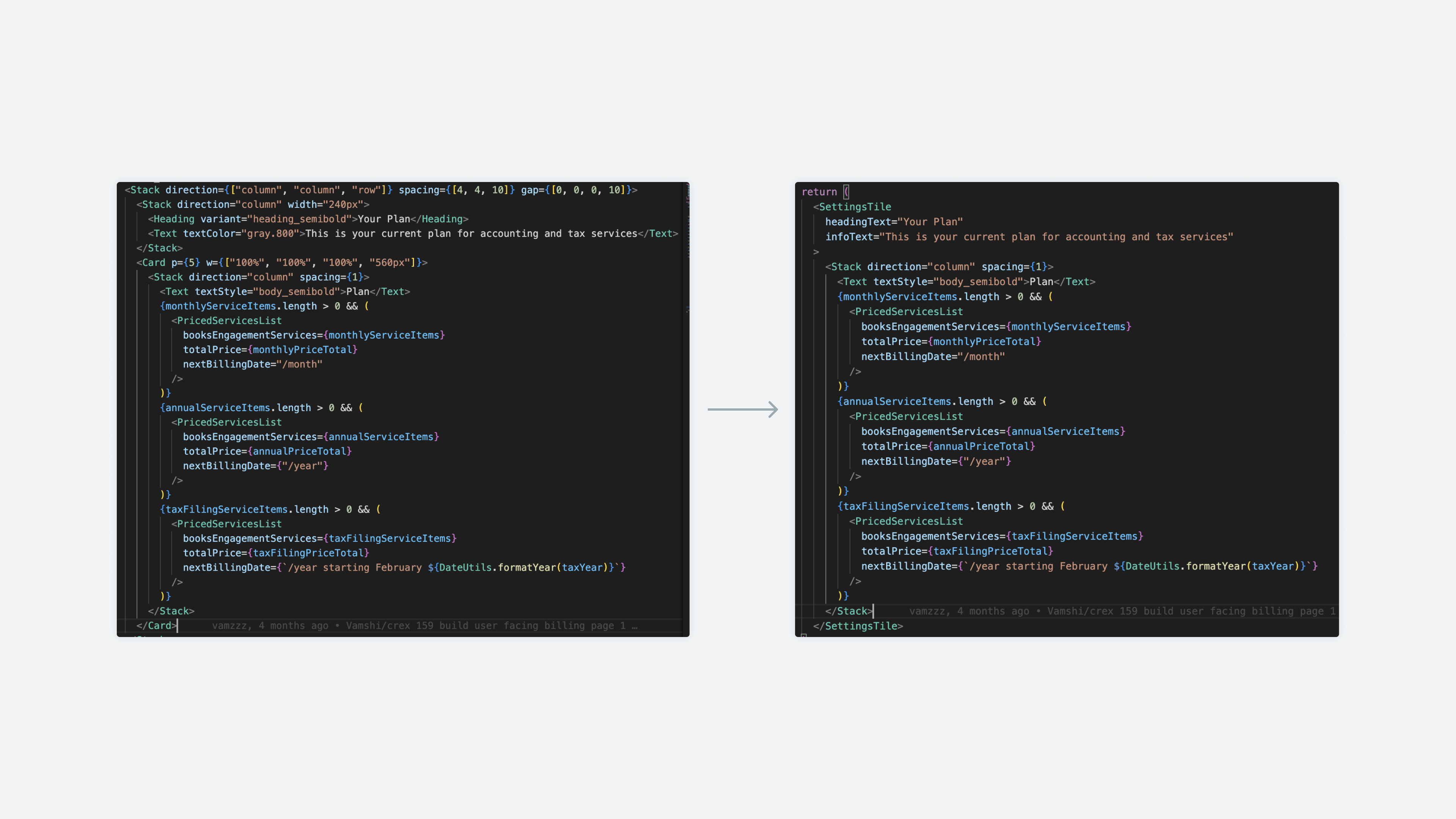 Two screenshots. First screenshot shows a longer block of code that has multiple repetitive lines. Second screenshot shows the same block of code, but it’s cleaned up and much smaller.