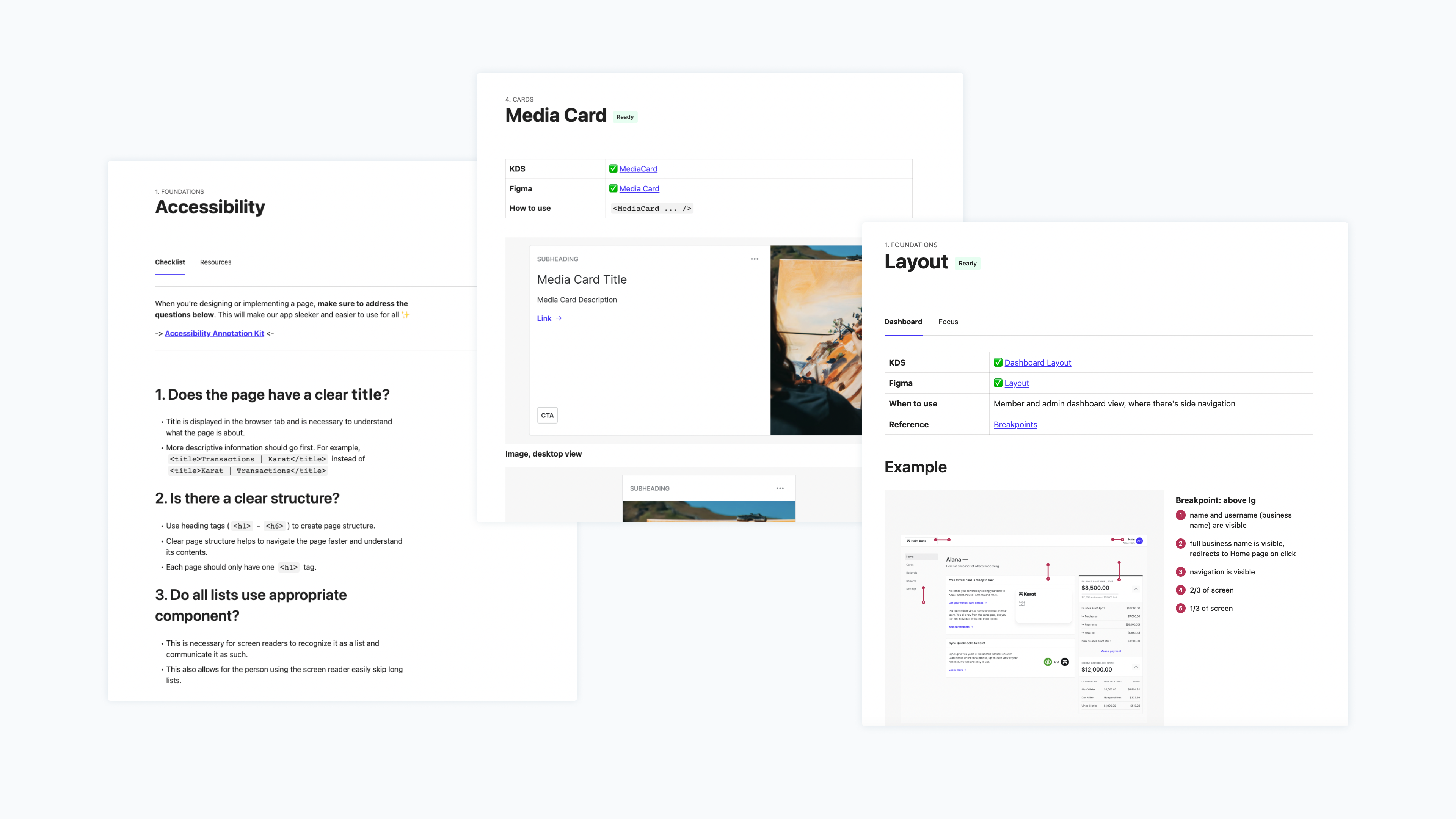 Three screenshots of pages from our design guide. First page is Accessibility—it outlines best practices and has a checklist for both designers and developers. The other two pages are for two components: Media Card and Layout. For each component, there’s a completion status, examples, and links where you can find it in Figma or in code.