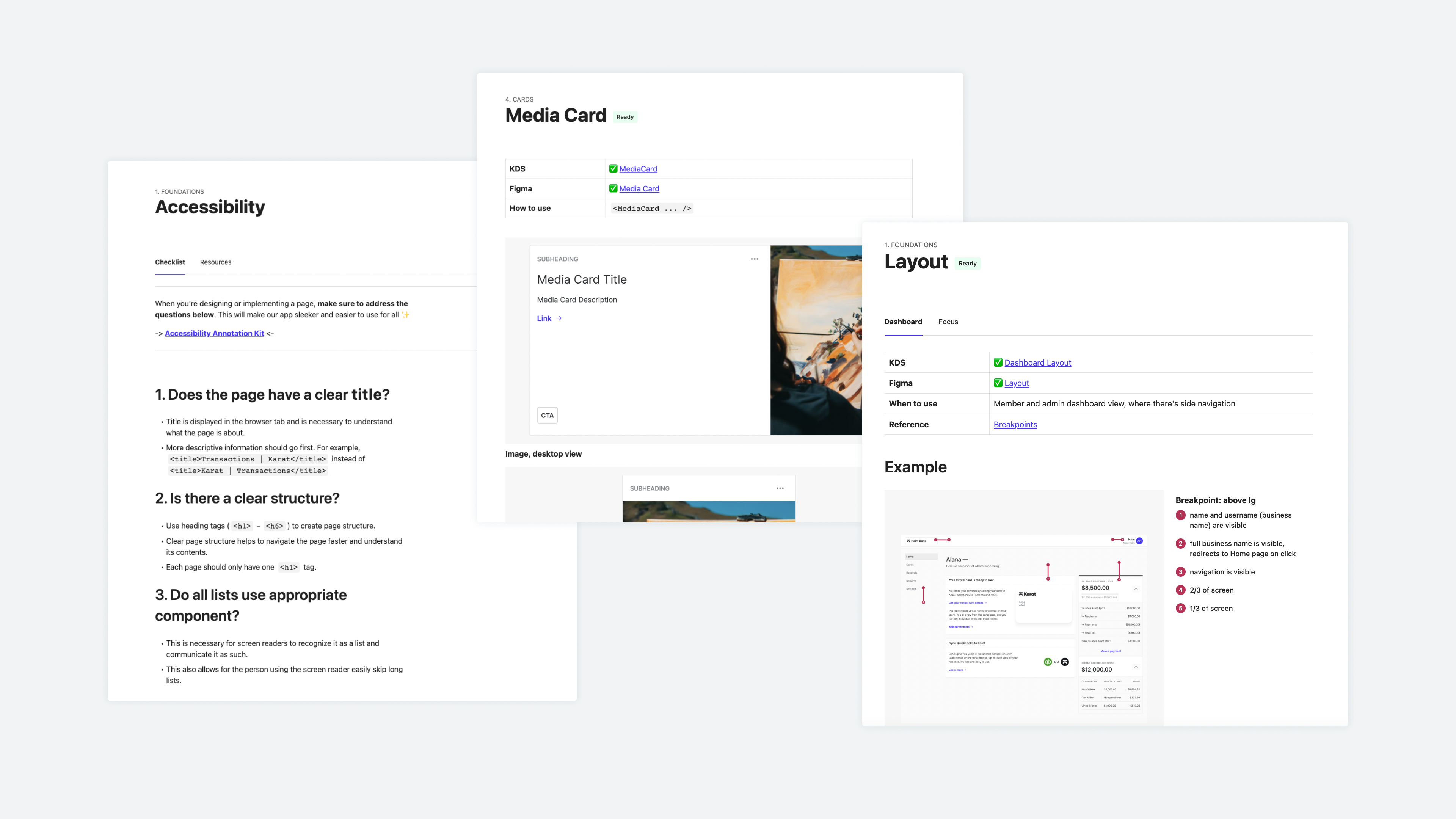 Three screenshots of pages from our design guide. First page is Accessibility—it outlines best practices and has a checklist for both designers and developers. The other two pages are for two components: Media Card and Layout. For each component, there’s a completion status, examples, and links where you can find it in Figma or in code.