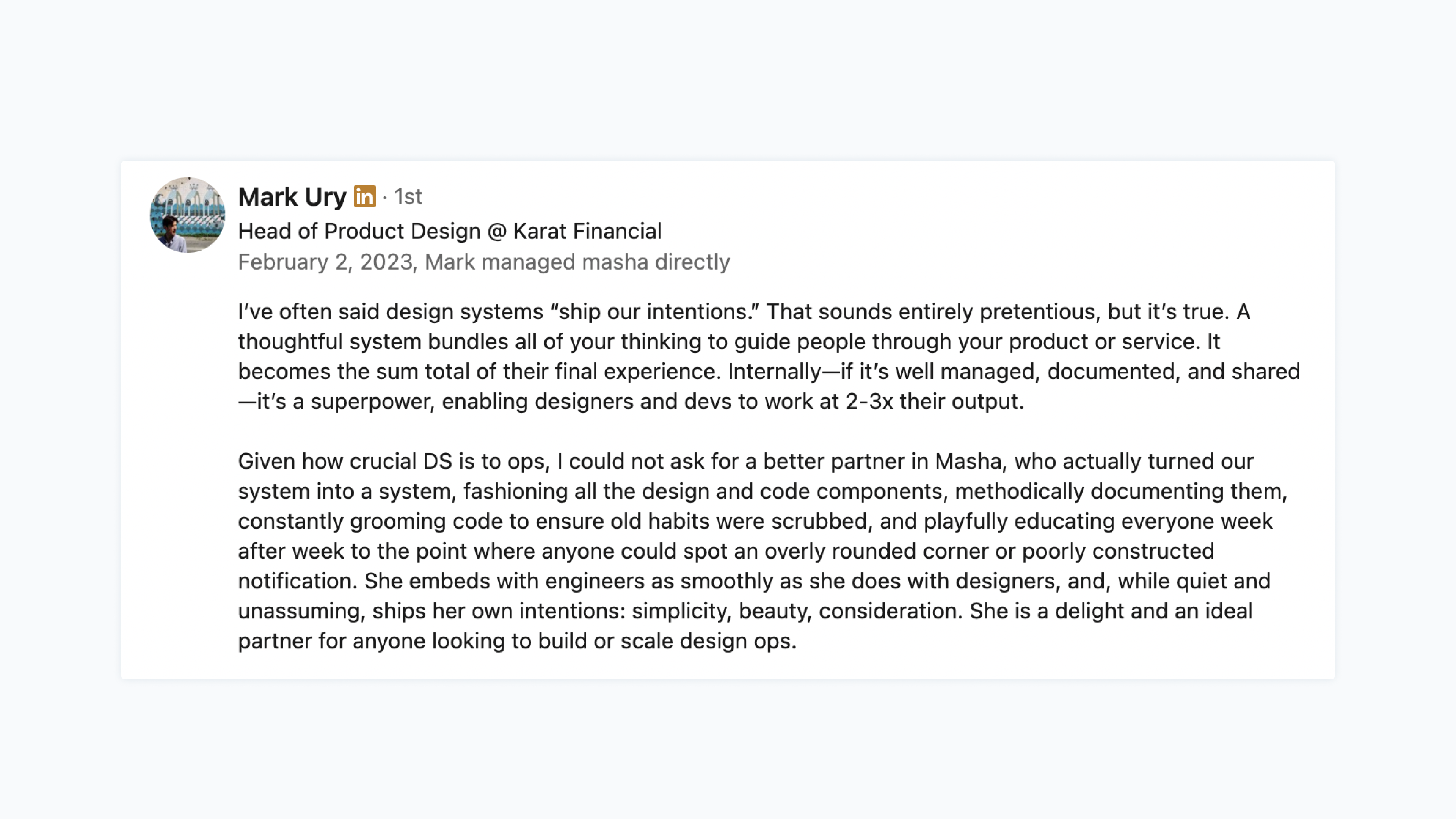 Screenshot of Mark's very flattering LinkedIn recommendation.